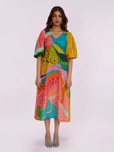 100 % Cotton Women Aurora Printed Midi Dress