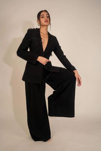 Women Black Embellished Blazer Set
