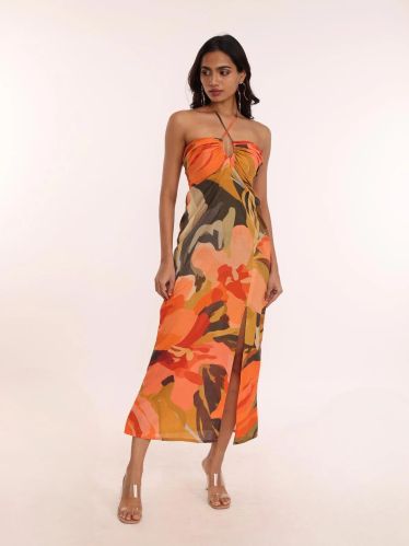 100% Cotton Women Blaze Printed Strappy Dress, Length : 54 Inches