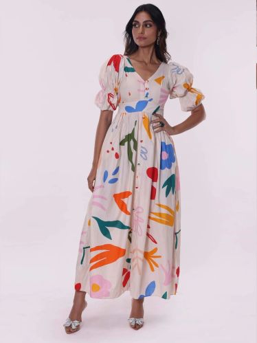 100% Cotton Women Flora Printed Maxi Dress, Length : 54 Inches