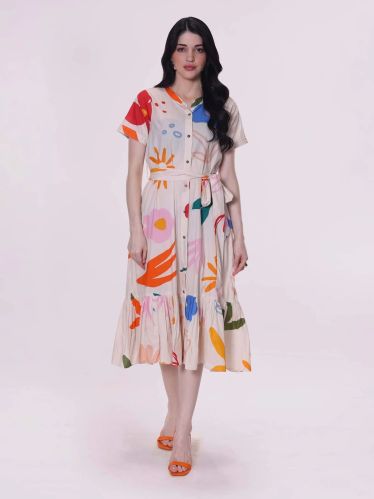 100% Cotton Women Flora Printed Midi Dress, Length : 45 Inches