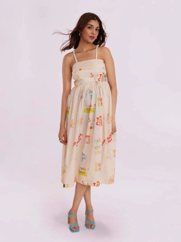 100% Cotton Women Happy Printed Strappy Dress, Length : 45 Inches