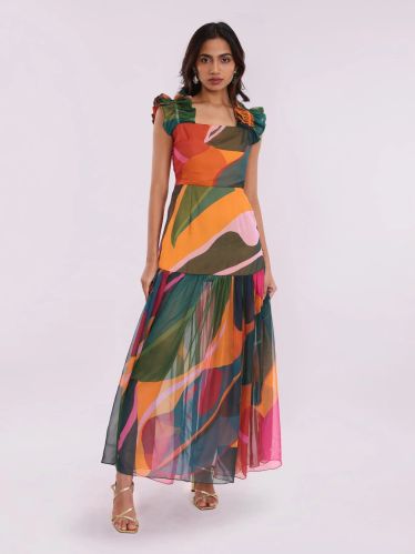 Women Leafy Printed Ruffled Sleeves Maxi Dress