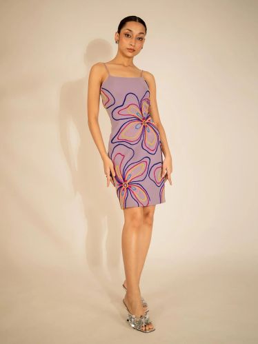 Women Lilac Beaded Mini Dress