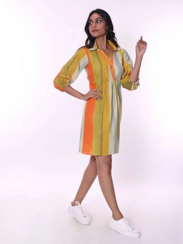100% Cotton Women Linear Printed Mini Dress, Length : 35 Inch