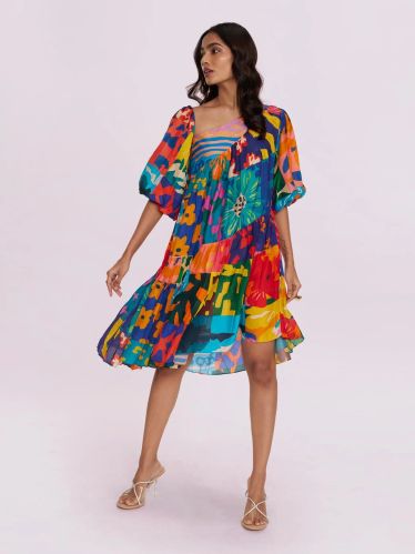 100% Bemberg Silk Women Medley Printed Mini Dress, Length : 35 Inch