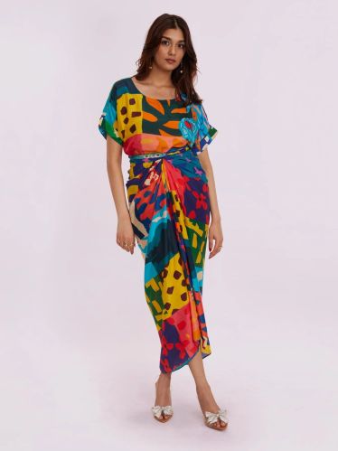 100% Bemberg Silk Women Medley Printed Wrapped Skirt Dress