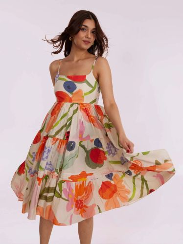 100% Cotton Women Mulberry Printed Midi Dress, Length : 41 Inches