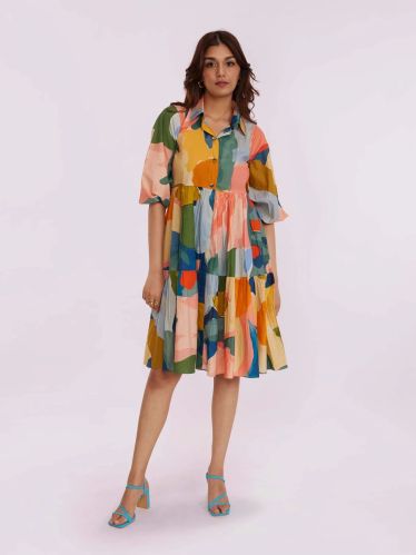 100% Cotton Women Nova Printed Tiered Shirt Dress, Length : 35 Inch