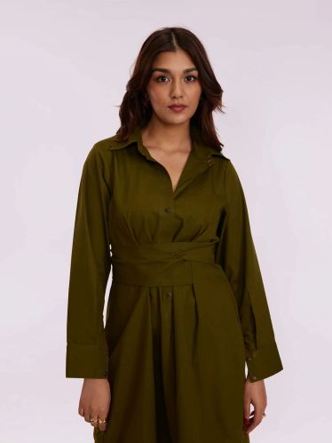 100% Cotton Women Olive Green Wrap Shirt Dress, Length : 35 Inch