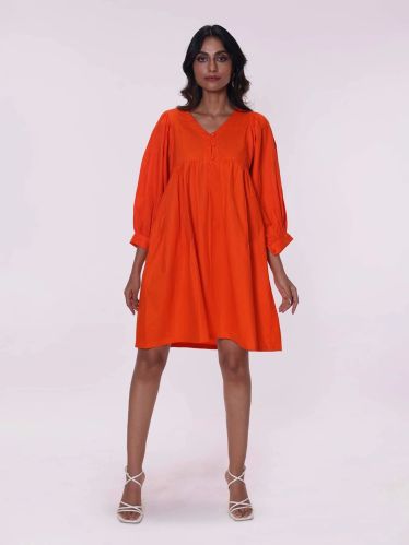 100% Cotton Poplin Women Orange Loose Mini Dress, Length : 35 Inch
