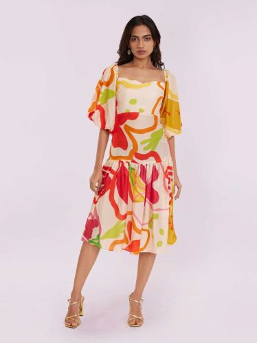 100% Bemberg Silk Women Petal Printed Midi Dress, Length : 45 Inches