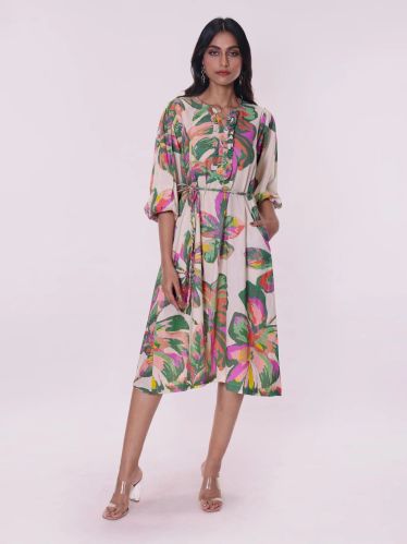 Fabric Women Pine Printed Ruffled Dress