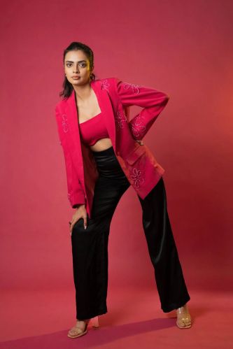 Women Pink Blazer With Embellished Crystals