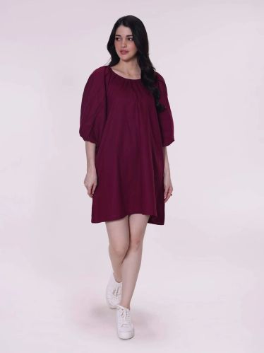 100% Cotton Poplin Women Purple Loose Fit Mini Dress
