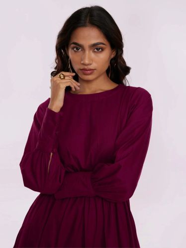 100% Cotton Women Purple Mini Ruffled Dress, Length : 35 Inch