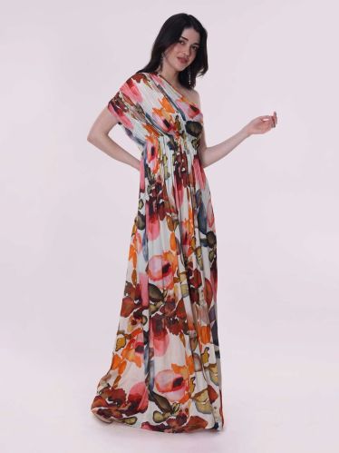 100% Bemberg Silk Women Rose Printed One Shoulder Dress