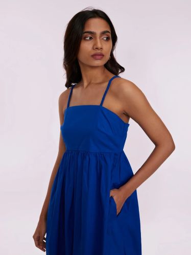 100% Cotton Poplin Women Solid Blue Midi Dress