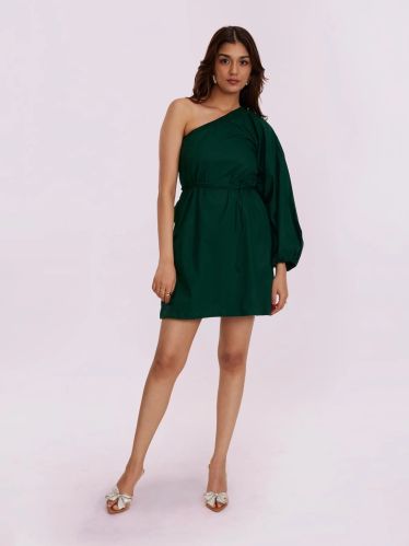 Women Solid Green One Shoulder Mini Dress