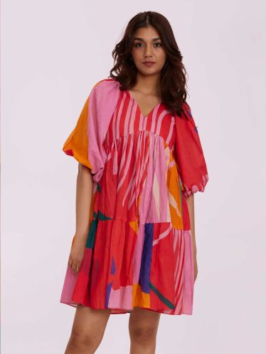 100% Cotton Women Splash Printed Tiered Dress, Length : 35 Inch