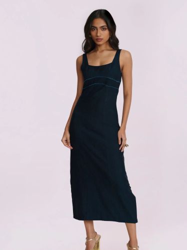 Women Teal Strappy Midi Denim Dress