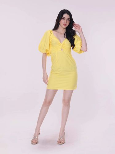 Women Yellow Poplin Mini Dress, Length : 35 Inch
