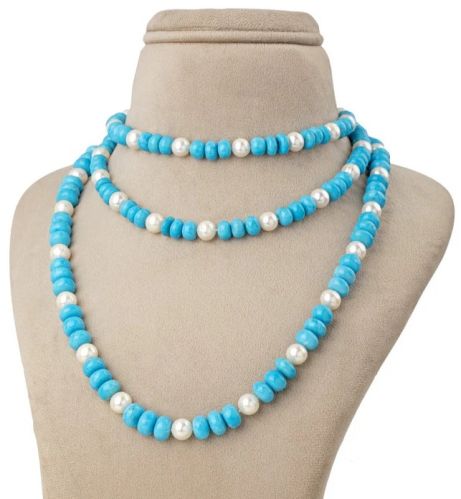 Freshwater White And Blue Turquoise Opera Women Pearl Necklace