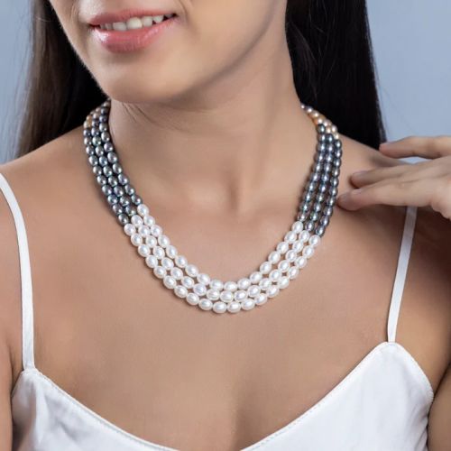 Monochrome Chic Oval 3-Line Freshwater Women Pearl Necklace