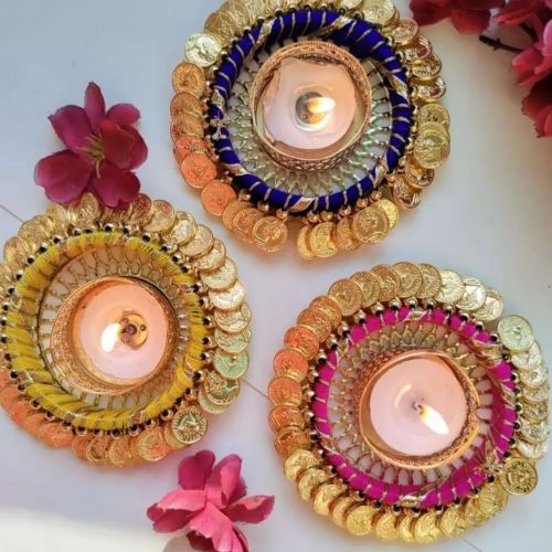 Metal Diwali Coin T-light, Color : Gold