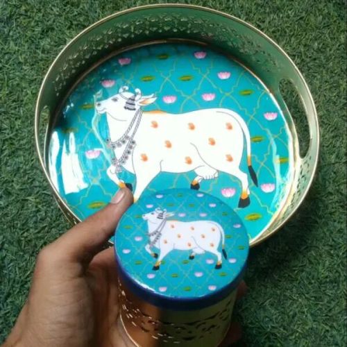 Resin Metal Green Pichwai Round Tray