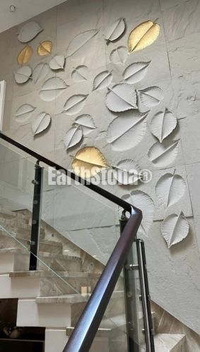 Double Height Leaf Pattern Stone Carving Wall Art