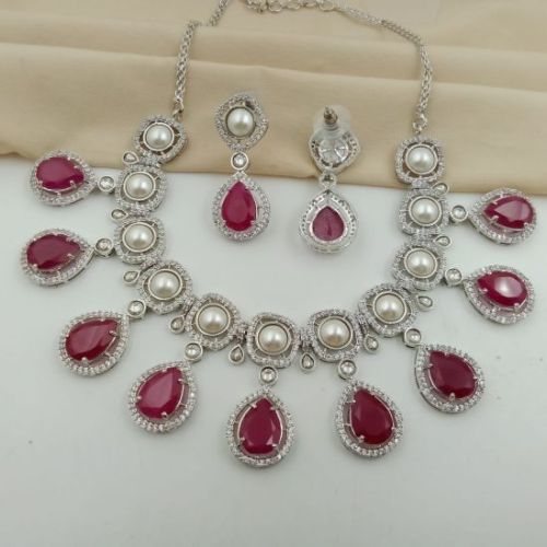 Silver Women Short Necklace-1354-Sliver-Ruby