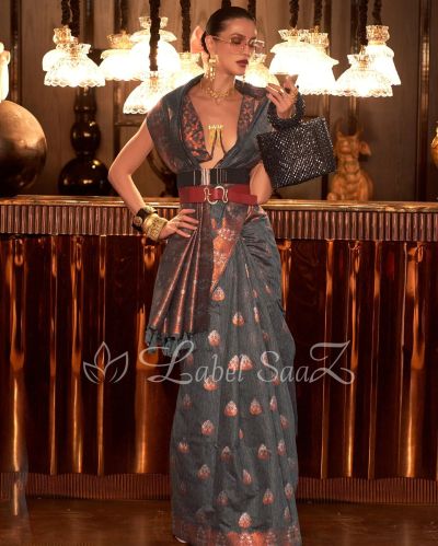 Mid Night Black Linen Banarasi With Copper Zari Saree