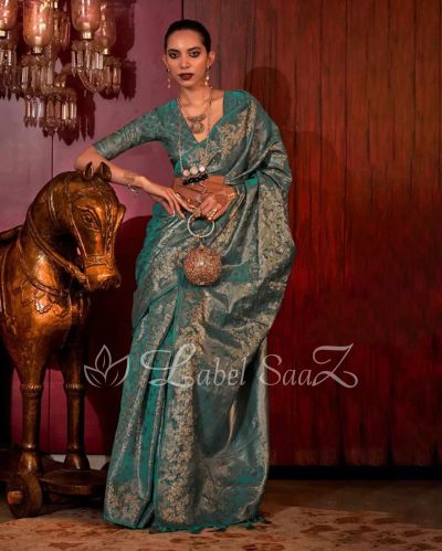 Turquoise Floral Zari Tissue Kanjivaram Silk Saree