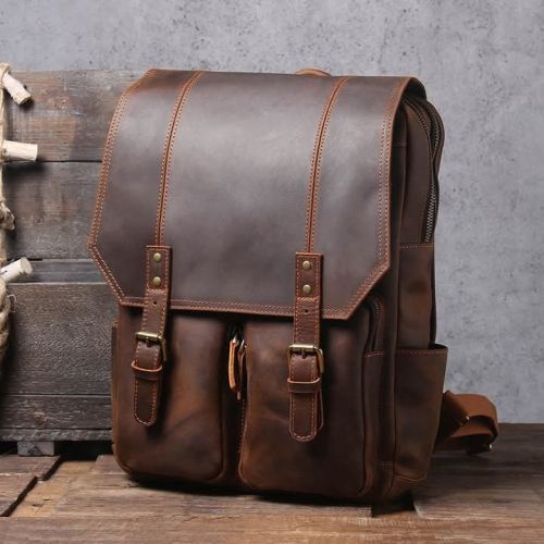 Designer Vintage Style Brown Leather Backpack Bag