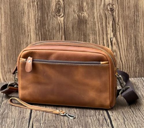 Plain Mens Brown Leather Sling Bag, Opening Style : Zipper