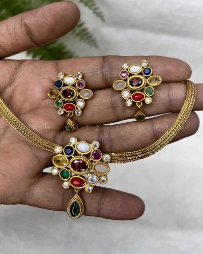Women Navarathna Antique Choker Set | Aj109