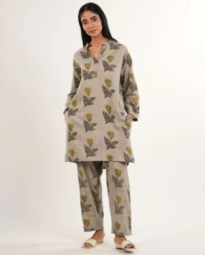 Handblock Printed Ajrakh Women Co-ord Set, Color : Beige