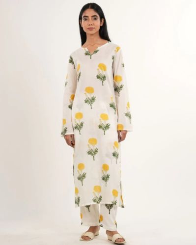 Mul-Cotton Yellow Flower Print Ladies Kurta Set