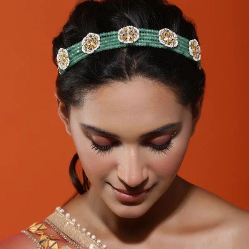 Ruby Raang Brass Green Gold Plated Kundan Headband