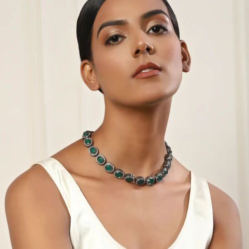Brass Green Silver Tone Kundan Necklace