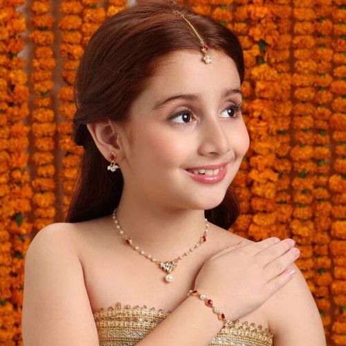 Brass Kids Kundan Maroon Stone Jewelry Set