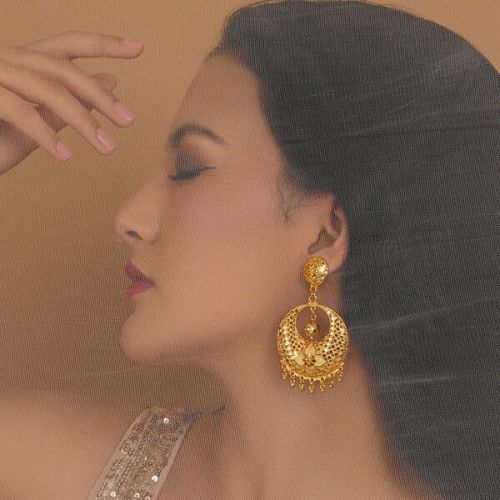 Women Golden Chand Bali Earrings With Drop