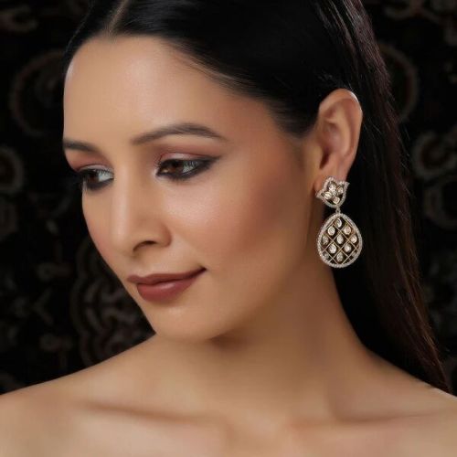 Women Jhallar Kundan And Diamond Dangler Earrings