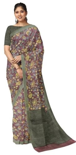 A MASTERPIECE IN MAROON & GREEN HANDLOOM LINEN PRINTED SAREE