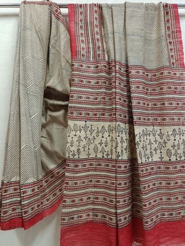 Beige Handloom Ghicha Tussar Hand Block Print Saree