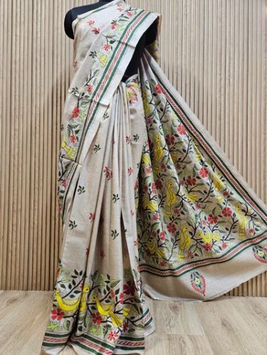 CREAM & MULTI PREMIUM GACHHI TUSSAR SILK KANTHA SAREE
