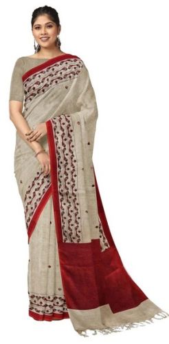 CREAM & RED PREMIUM HANDLOOM PRINTED LINEN SAREE
