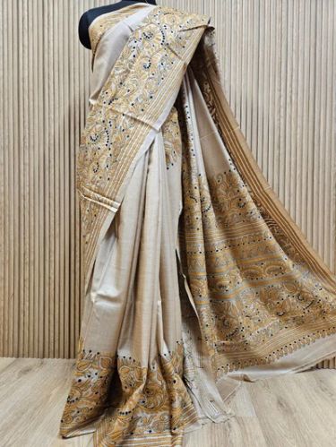 Cream Tussar Silk Saree With Handcrafted Kantha