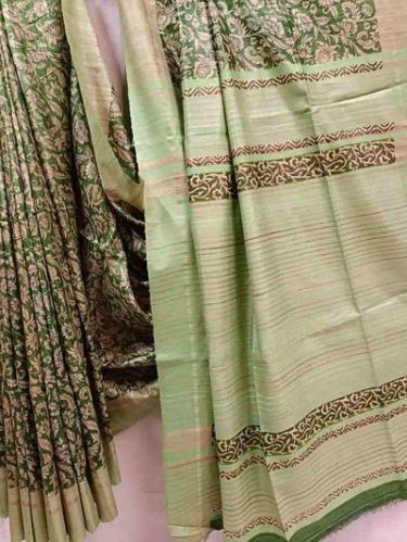 GREEN & BEIGE TUSSAR SILK ALL OVER FLORAL PRINT SAREE
